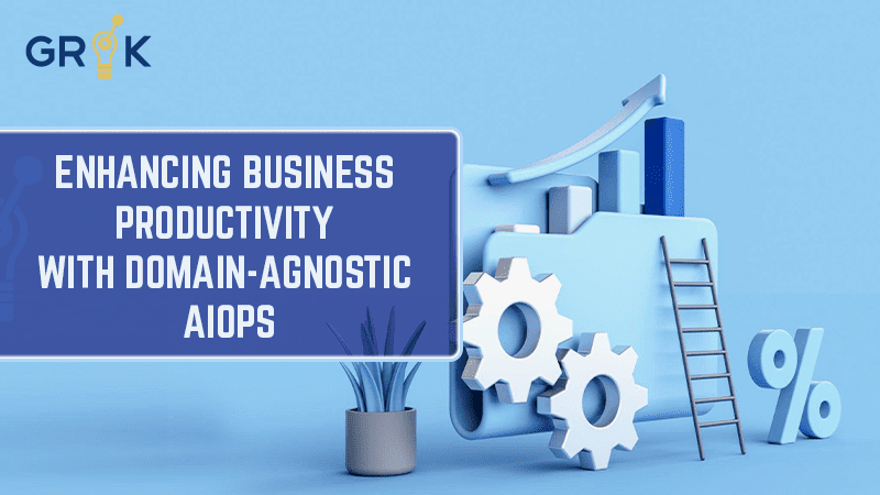A 3D composition of gears, a graph, and percentages in blue, illustrating the impact of domain-agnostic AIOps on business productivity, with Grok branding.