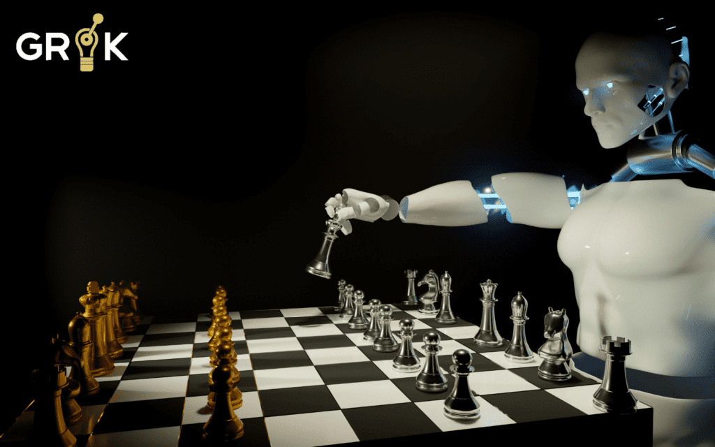 AI robot playing chess, representing strategic planning and AI-driven data analysis in technology and business.