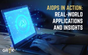 A user interacts with a laptop displaying AI symbols and analytics, representing 'AIOps in business' as a transformative tool for real-world applications and providing valuable insights to enhance business operations.