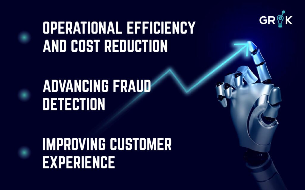 A robotic hand points to an upward trend line against a dark background, illustrating the impact, particularly in enhancing operational efficiency, reducing costs, advancing fraud detection, and improving customer experience in financial services.
