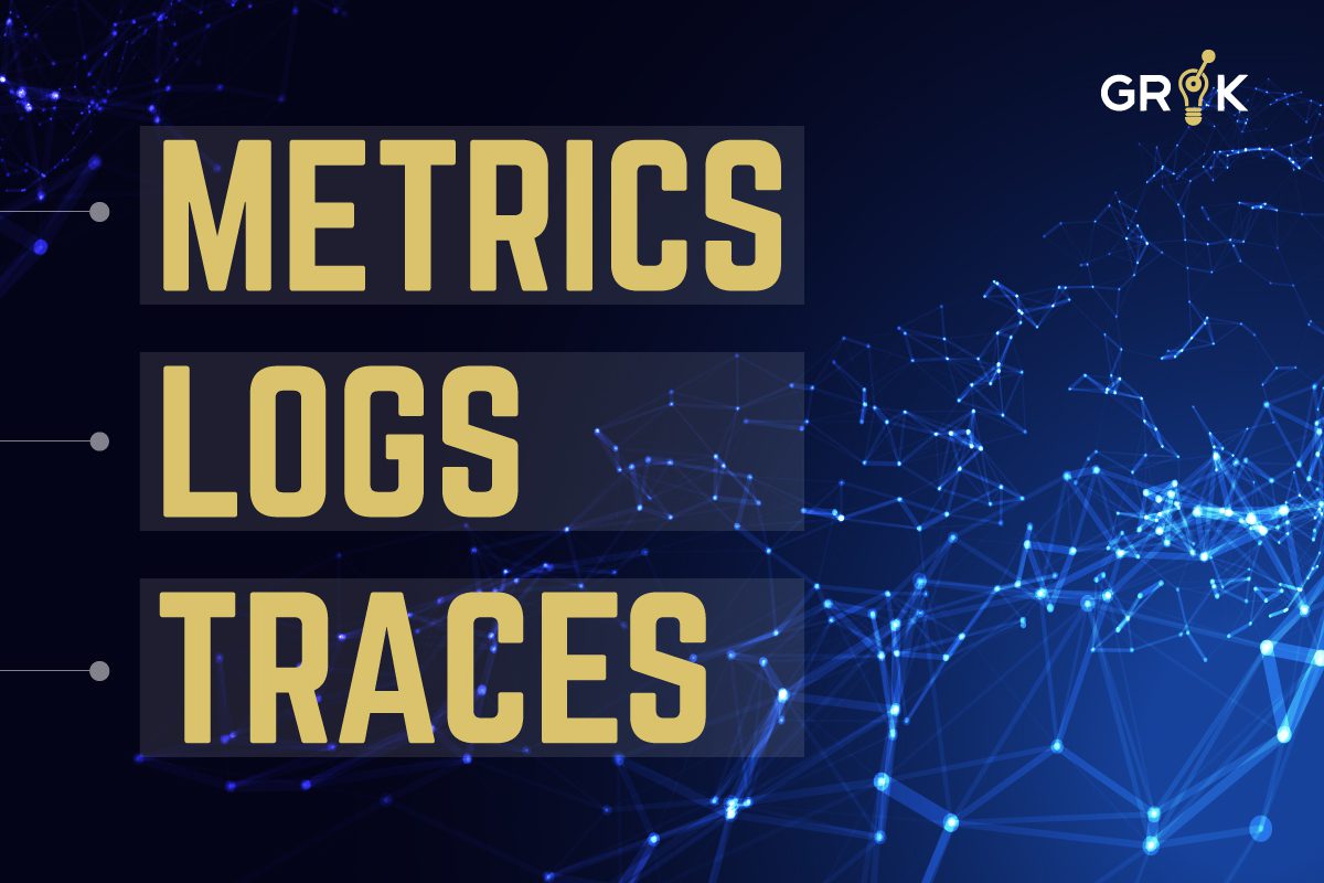 Text reading “METRICS”, “LOGS”, and “TRACES” in yellow on a dark background with blue network lines and dots; GROK logo at the top right