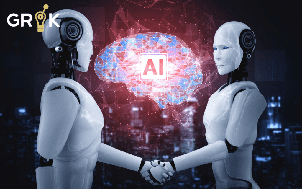 Humanoid robots shaking hands in front of a digital AI brain, illustrating the harmony between robotics and artificial intelligence technologies.